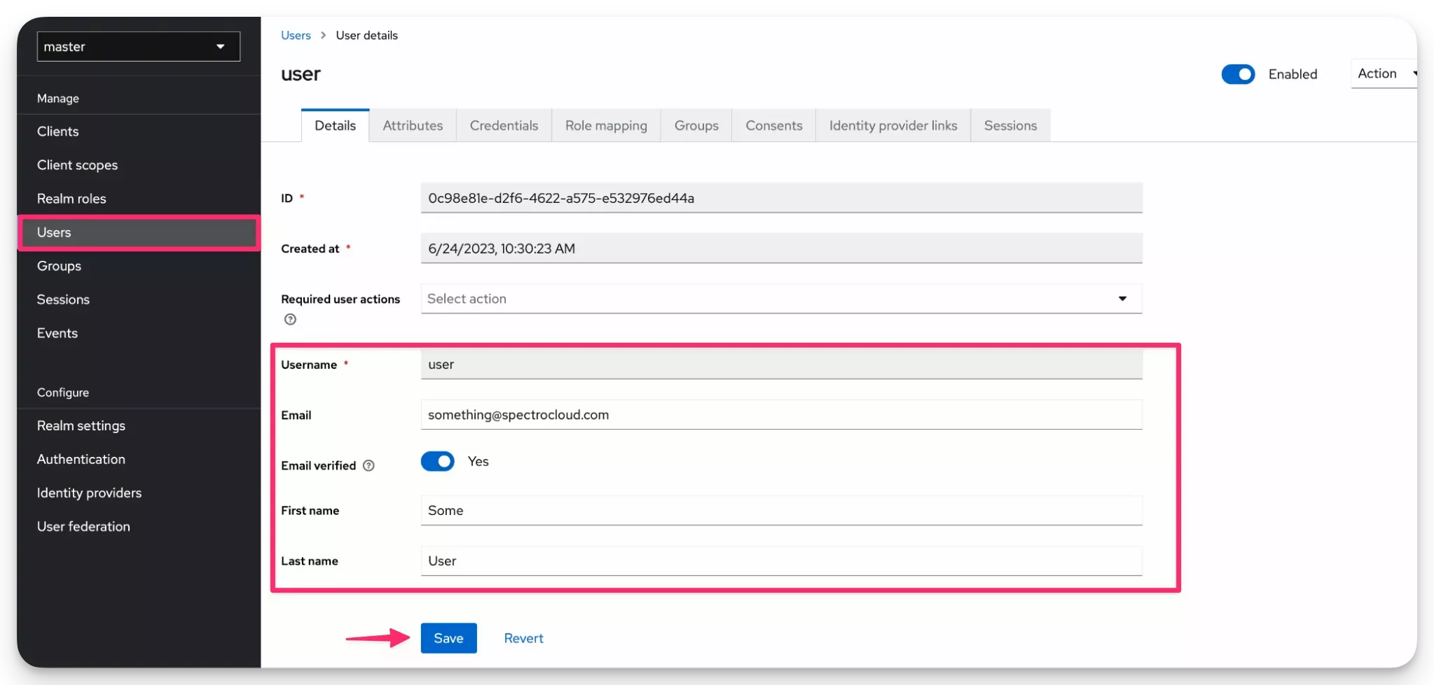 Keycloak&#39;s management portal with the User view in focus