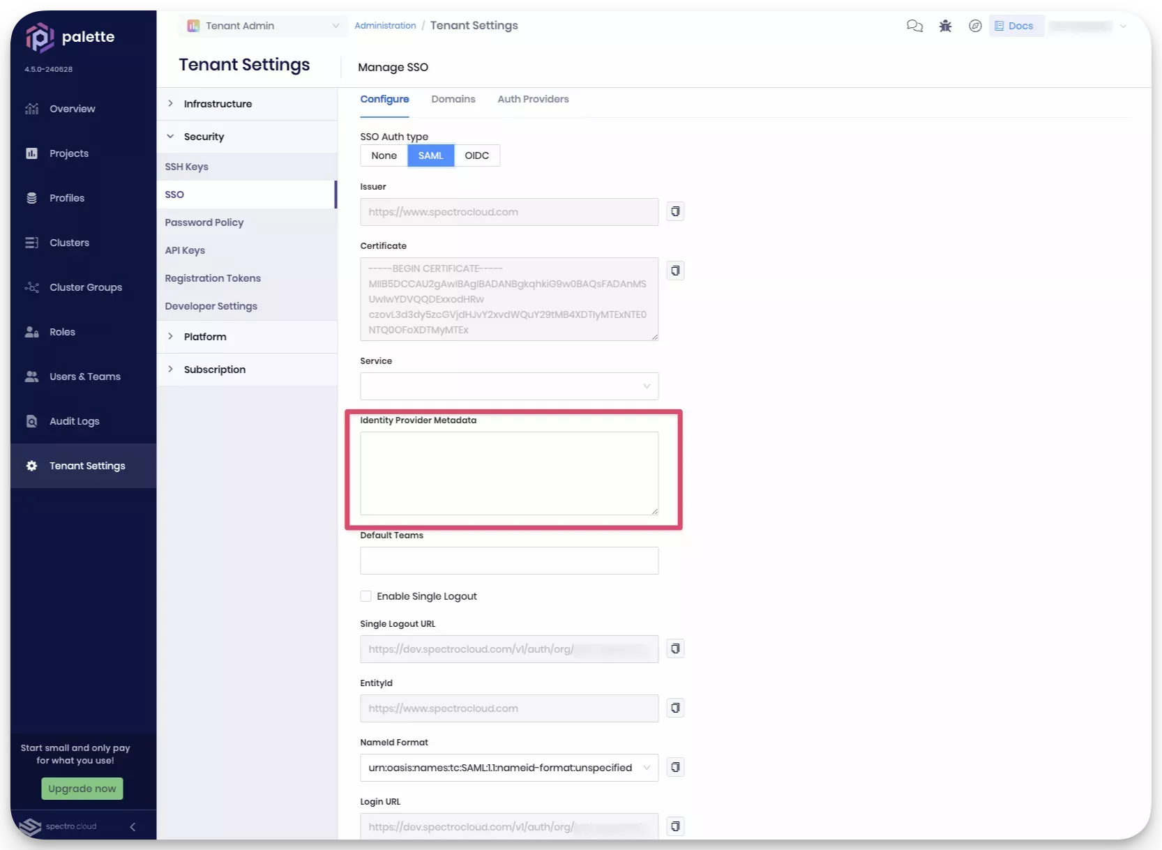 Paste Metadata in Palette SSO Manager